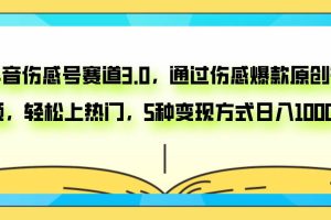 抖音伤感号赛道3.0，通过伤感爆款原创视频，轻松上热门，5种变现日入1000+